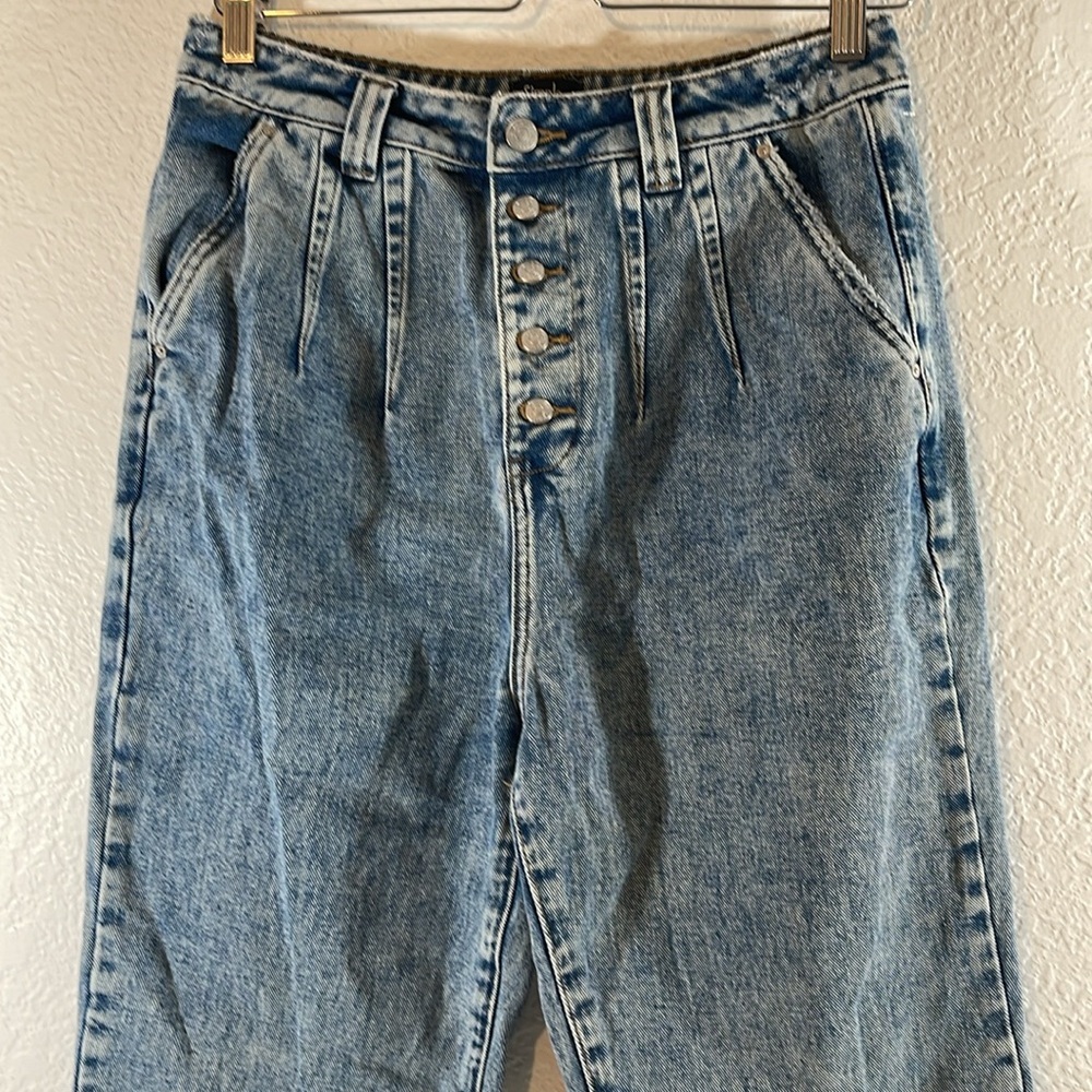 SIMPLE SOCIETY Paperbag Waist High-Waisted Button Fly Raw Hem Blue Denim Jeans 9 - Picture 2 of 10